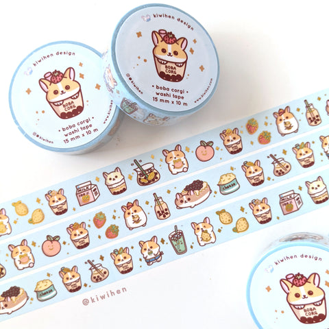 Boba Corgi Gold Foil Washi Tape