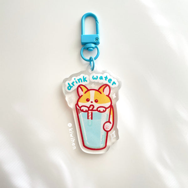 Drink Water Corgi Acrylic Charm