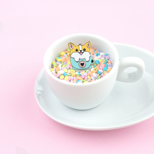Corgi in Coffee Mug Enamel Pin