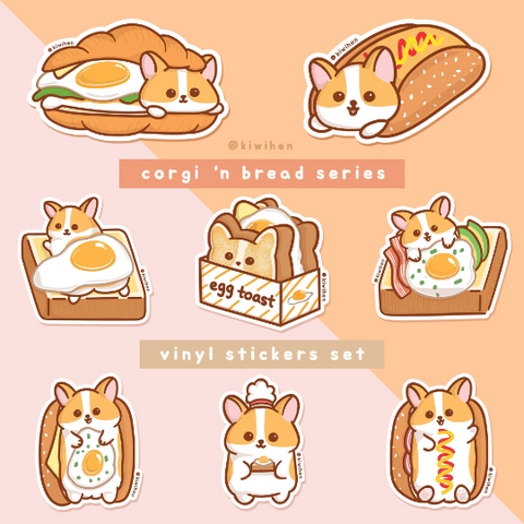 Corgi n Bread Vinyl Stickers Set (Set of 8 stickers)