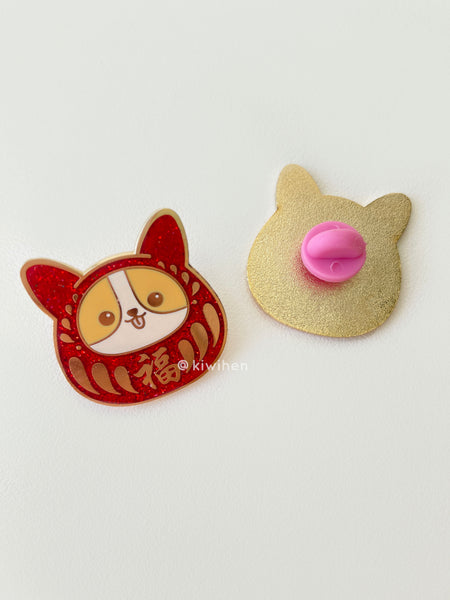 Limited Edition - Corgi Daruma Glitter Enamel Pin